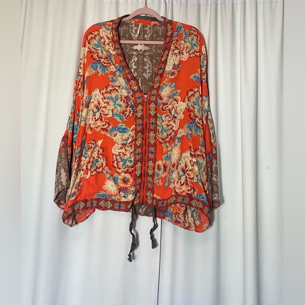 Free People Orange Floral tunic with Blue and Cream Accents